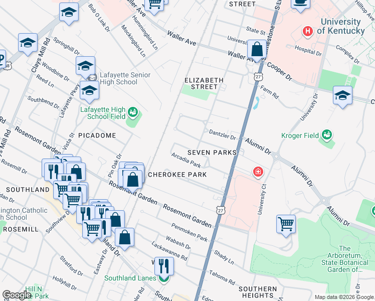 map of restaurants, bars, coffee shops, grocery stores, and more near 324 Arcadia Park in Lexington