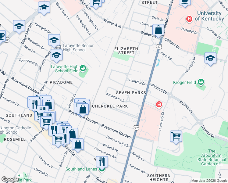 map of restaurants, bars, coffee shops, grocery stores, and more near 324 Arcadia Park in Lexington