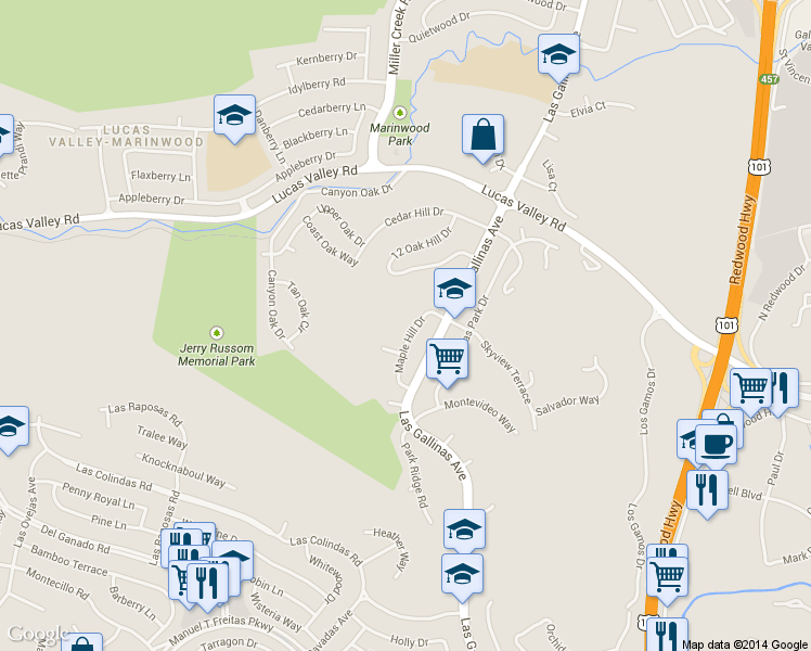 map of restaurants, bars, coffee shops, grocery stores, and more near 49 Maple Hill Drive in San Rafael