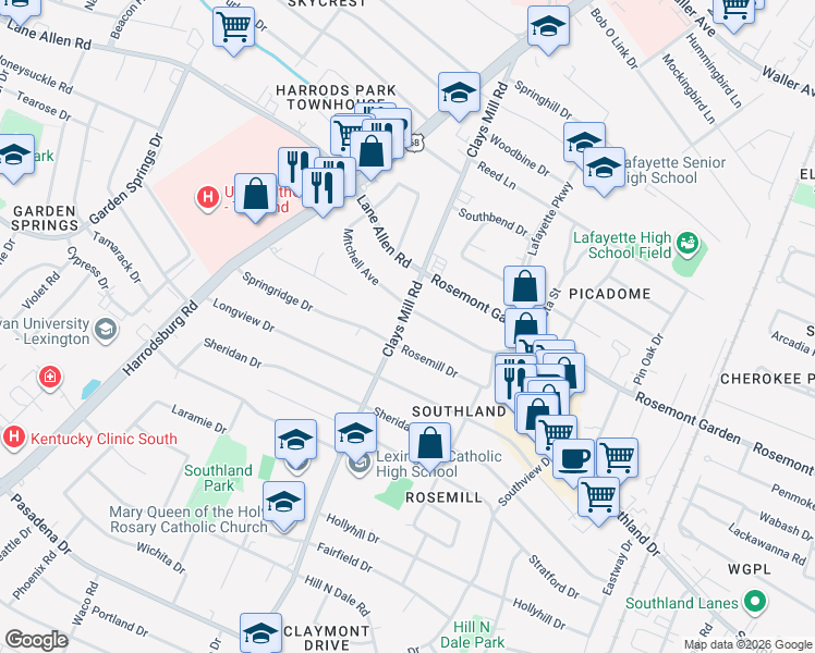 map of restaurants, bars, coffee shops, grocery stores, and more near 2046 Clays Mill Road in Lexington