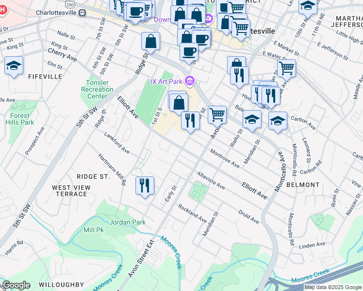 map of restaurants, bars, coffee shops, grocery stores, and more near 1017 6th Street Southeast in Charlottesville