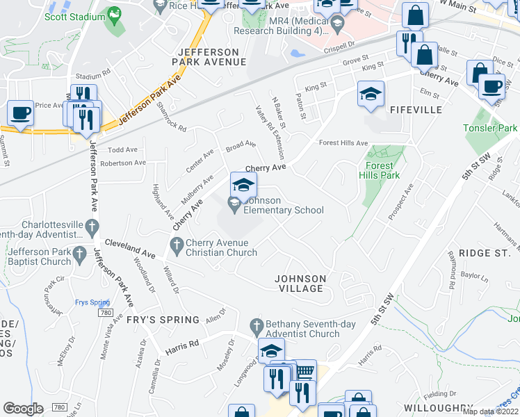 map of restaurants, bars, coffee shops, grocery stores, and more near 608 Shamrock Road in Charlottesville