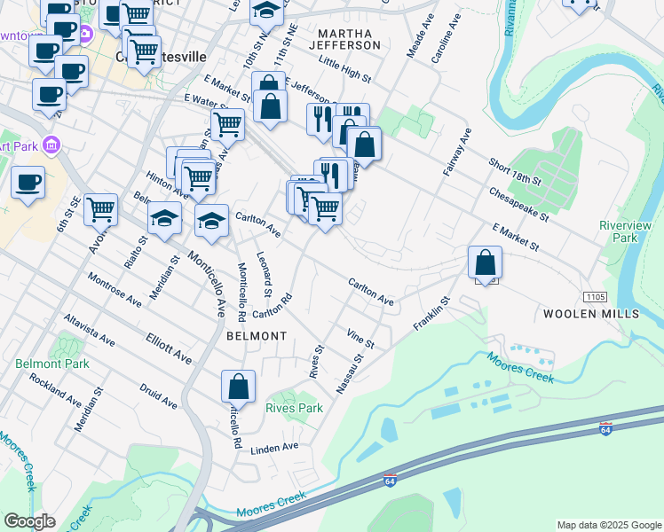 map of restaurants, bars, coffee shops, grocery stores, and more near 1355 Carlton Avenue in Charlottesville