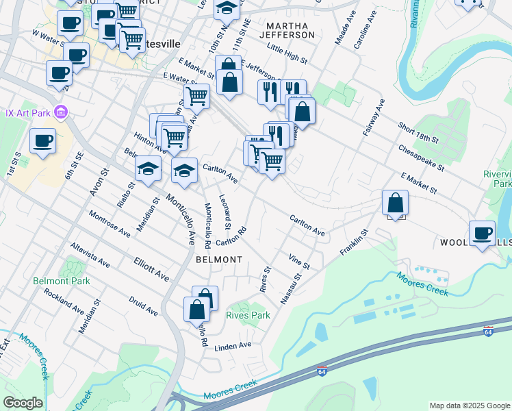 map of restaurants, bars, coffee shops, grocery stores, and more near 109 Junction Lane in Charlottesville