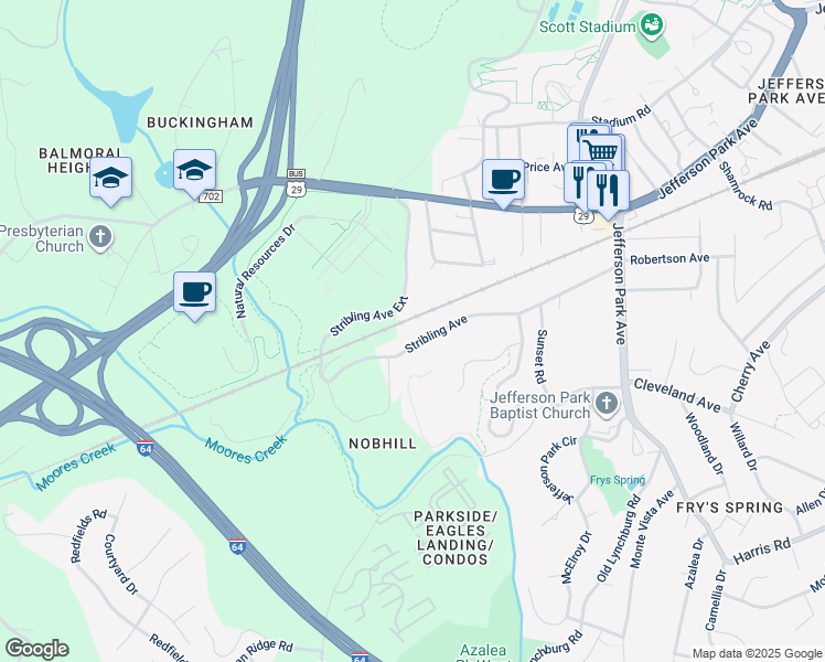 map of restaurants, bars, coffee shops, grocery stores, and more near 253 Stribling Avenue in Charlottesville