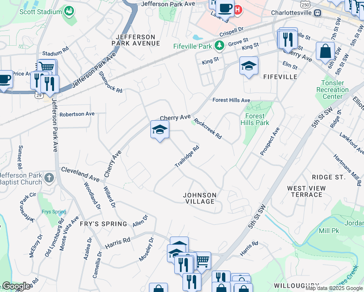 map of restaurants, bars, coffee shops, grocery stores, and more near 611 Shamrock Road in Charlottesville