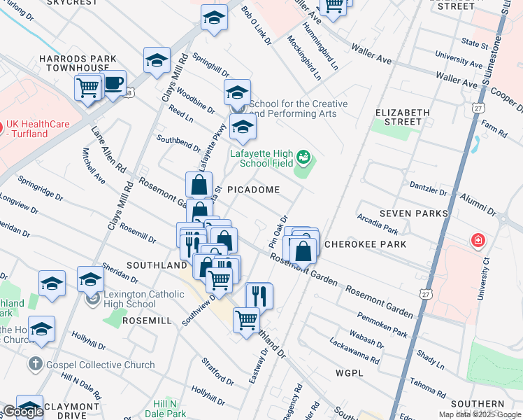 map of restaurants, bars, coffee shops, grocery stores, and more near 220 Koster Street in Lexington