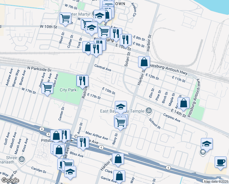 map of restaurants, bars, coffee shops, grocery stores, and more near 289 East 15th Street in Pittsburg