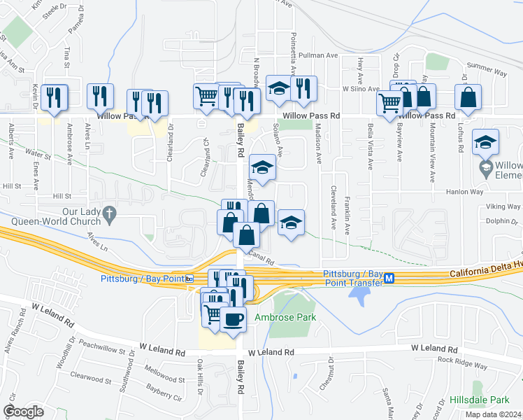 map of restaurants, bars, coffee shops, grocery stores, and more near 2102 Mendocino Drive in Bay Point
