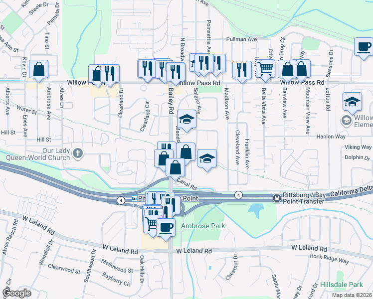 map of restaurants, bars, coffee shops, grocery stores, and more near 2102 Mendocino Drive in Bay Point