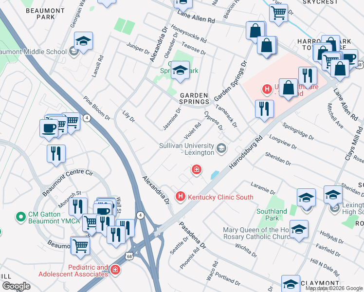 map of restaurants, bars, coffee shops, grocery stores, and more near 2157 Sage Road in Lexington