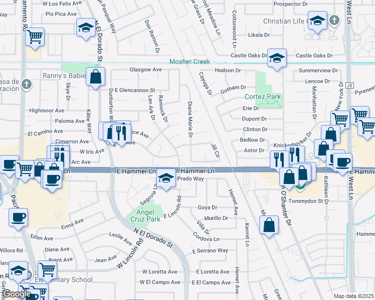 map of restaurants, bars, coffee shops, grocery stores, and more near 8001 Lan Ark Drive in Stockton