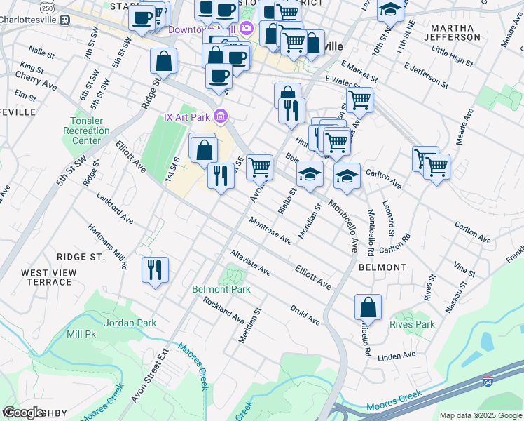 map of restaurants, bars, coffee shops, grocery stores, and more near 707 Montrose Avenue in Charlottesville