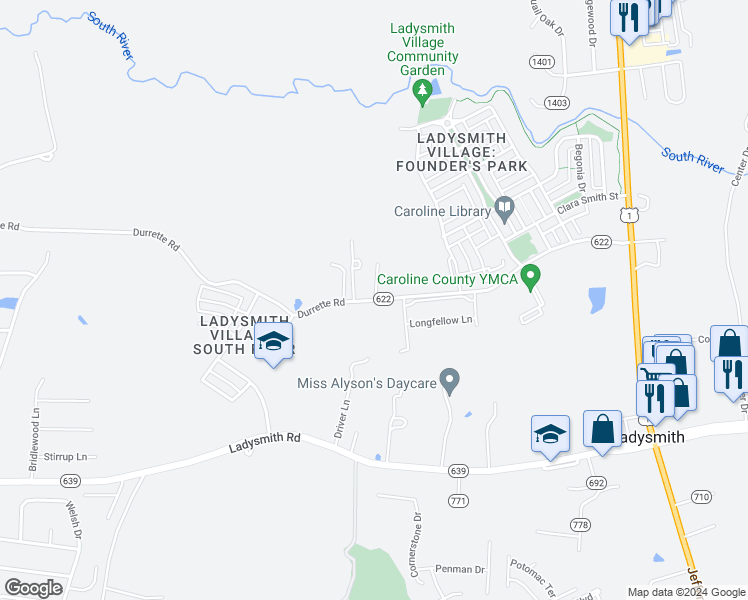 map of restaurants, bars, coffee shops, grocery stores, and more near 7121 Durrette Road in Ruther Glen
