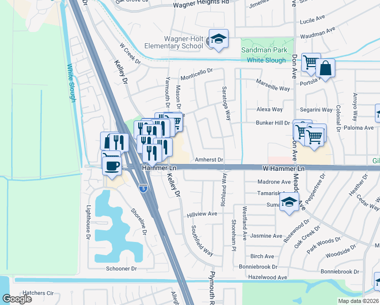 map of restaurants, bars, coffee shops, grocery stores, and more near 7909 Montgomery Avenue in Stockton