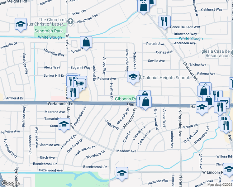map of restaurants, bars, coffee shops, grocery stores, and more near 8009 San Diego Way in Stockton