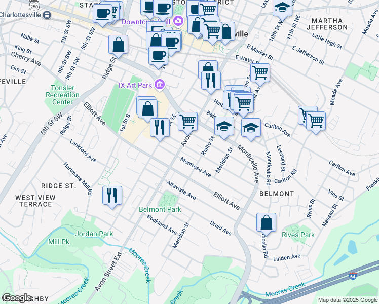 map of restaurants, bars, coffee shops, grocery stores, and more near 707 Montrose Avenue in Charlottesville