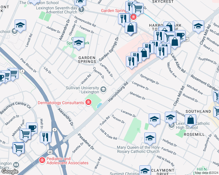 map of restaurants, bars, coffee shops, grocery stores, and more near 2355 Harrodsburg Road in Lexington