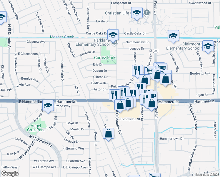 map of restaurants, bars, coffee shops, grocery stores, and more near 826 Astor Drive in Stockton