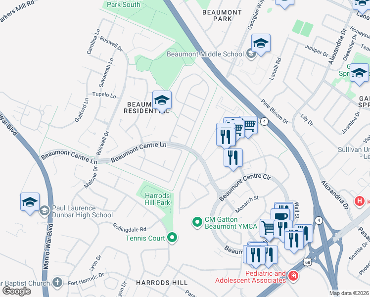 map of restaurants, bars, coffee shops, grocery stores, and more near 1102 Beaumont Centre Lane in Lexington