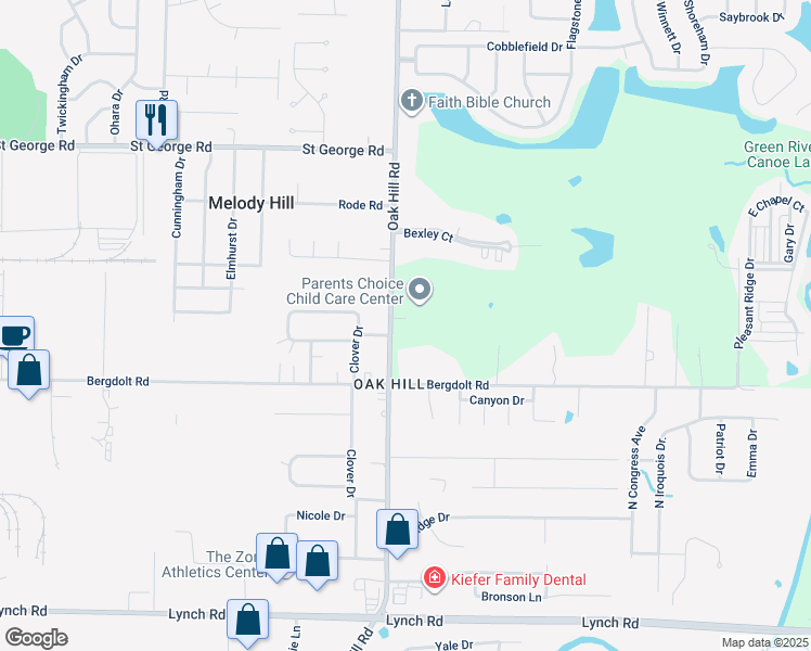 map of restaurants, bars, coffee shops, grocery stores, and more near 4851 Oak Hill Road in Evansville