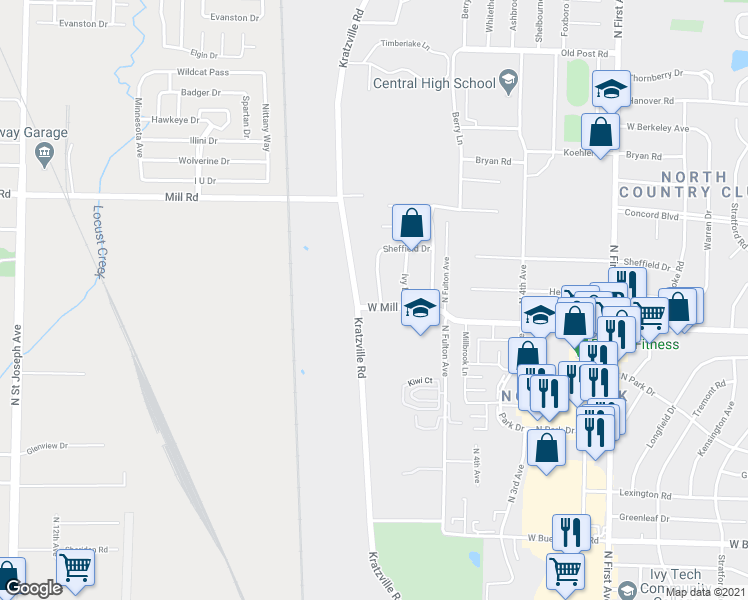 map of restaurants, bars, coffee shops, grocery stores, and more near 1401 West Mill Road in Evansville