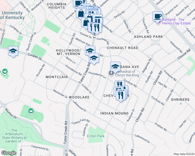 map of restaurants, bars, coffee shops, grocery stores, and more near 145 Eastover Drive in Lexington