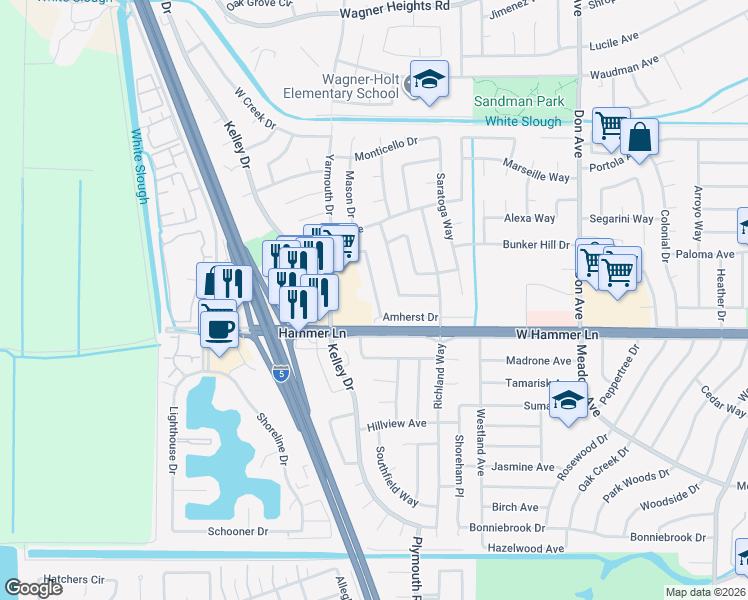 map of restaurants, bars, coffee shops, grocery stores, and more near 7929 Montgomery Avenue in Stockton