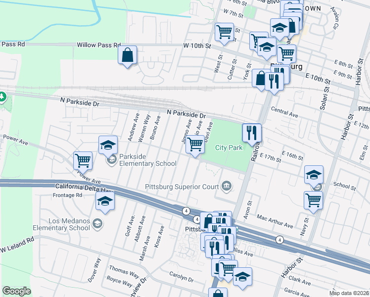 map of restaurants, bars, coffee shops, grocery stores, and more near 177 Jimno Avenue in Pittsburg