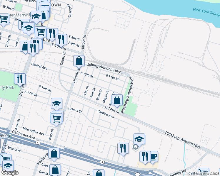 map of restaurants, bars, coffee shops, grocery stores, and more near 1265 Maple Street in Pittsburg