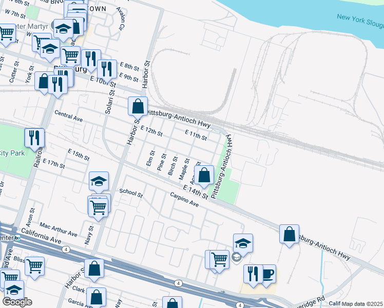 map of restaurants, bars, coffee shops, grocery stores, and more near 1265 Maple Street in Pittsburg