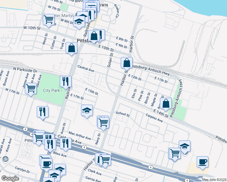 map of restaurants, bars, coffee shops, grocery stores, and more near 1396 Solari Street in Pittsburg
