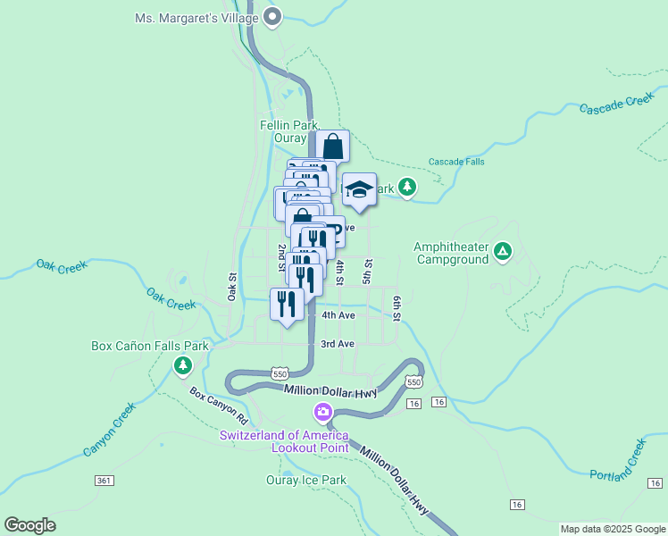 map of restaurants, bars, coffee shops, grocery stores, and more near 552 4th Street in Ouray