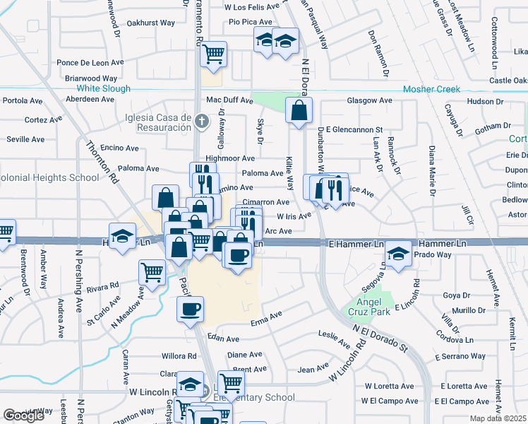 map of restaurants, bars, coffee shops, grocery stores, and more near 529 West Iris Avenue in Stockton
