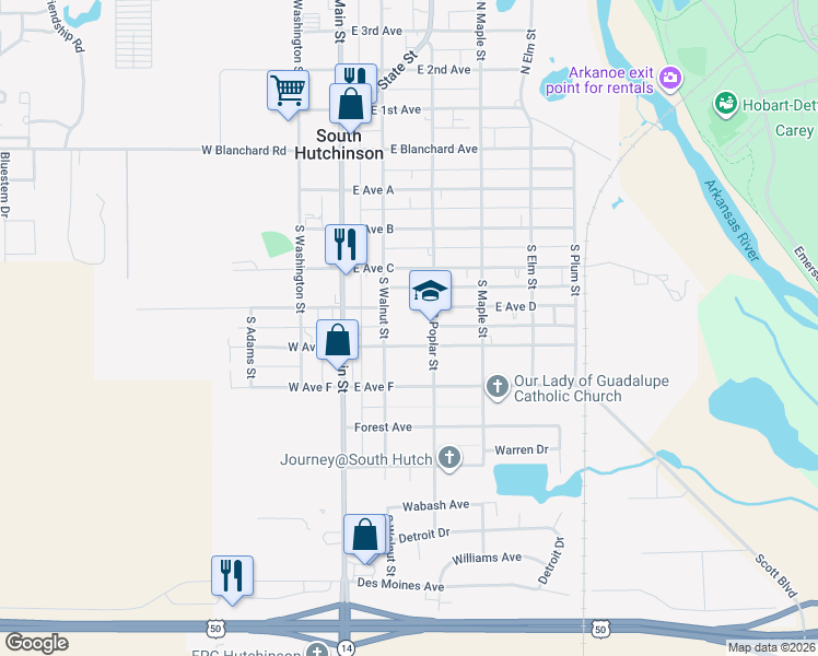 map of restaurants, bars, coffee shops, grocery stores, and more near 405 South Poplar Street in South Hutchinson