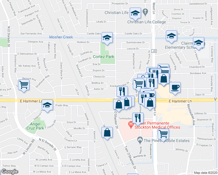 map of restaurants, bars, coffee shops, grocery stores, and more near 808 Astor Drive in Stockton