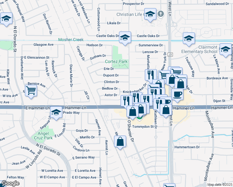map of restaurants, bars, coffee shops, grocery stores, and more near 808 Astor Drive in Stockton
