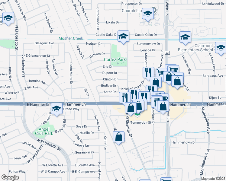 map of restaurants, bars, coffee shops, grocery stores, and more near 808 Astor Drive in Stockton