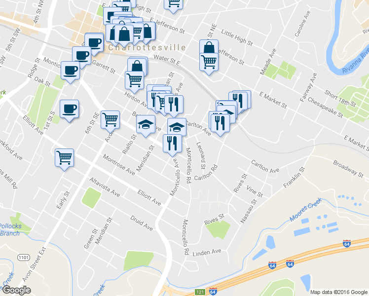 map of restaurants, bars, coffee shops, grocery stores, and more near 1001-1099 Tufton Avenue in Charlottesville