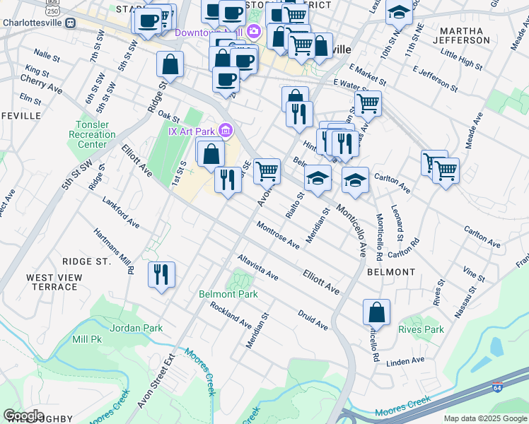 map of restaurants, bars, coffee shops, grocery stores, and more near 707 Montrose Avenue in Charlottesville