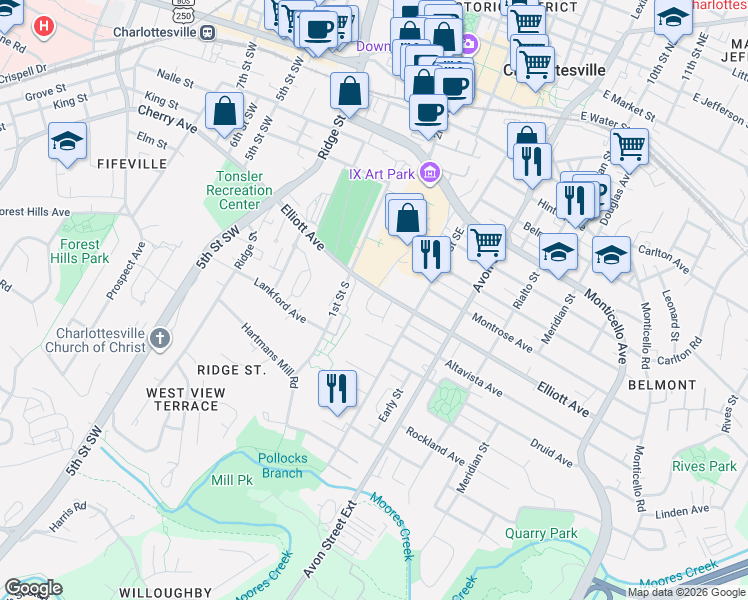 map of restaurants, bars, coffee shops, grocery stores, and more near 1107 Rayon Street in Charlottesville