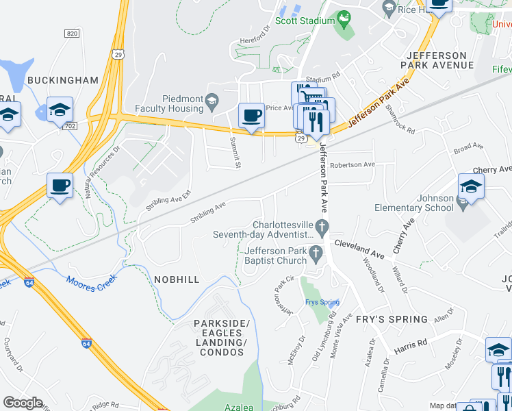 map of restaurants, bars, coffee shops, grocery stores, and more near in Charlottesville