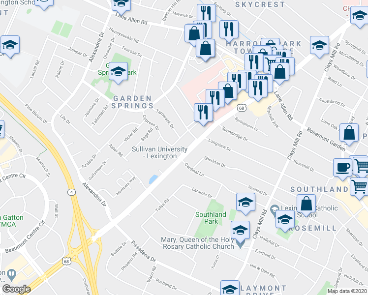 map of restaurants, bars, coffee shops, grocery stores, and more near 2339 Harrodsburg Road in Lexington
