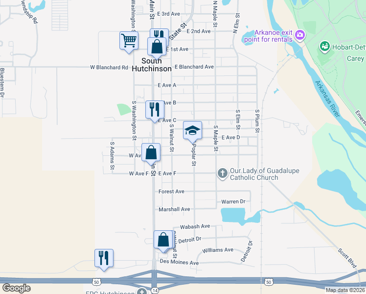 map of restaurants, bars, coffee shops, grocery stores, and more near 405 South Poplar Street in South Hutchinson