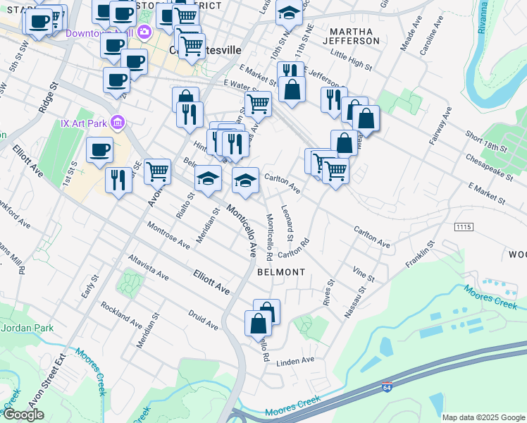 map of restaurants, bars, coffee shops, grocery stores, and more near 1001-1099 Tufton Avenue in Charlottesville