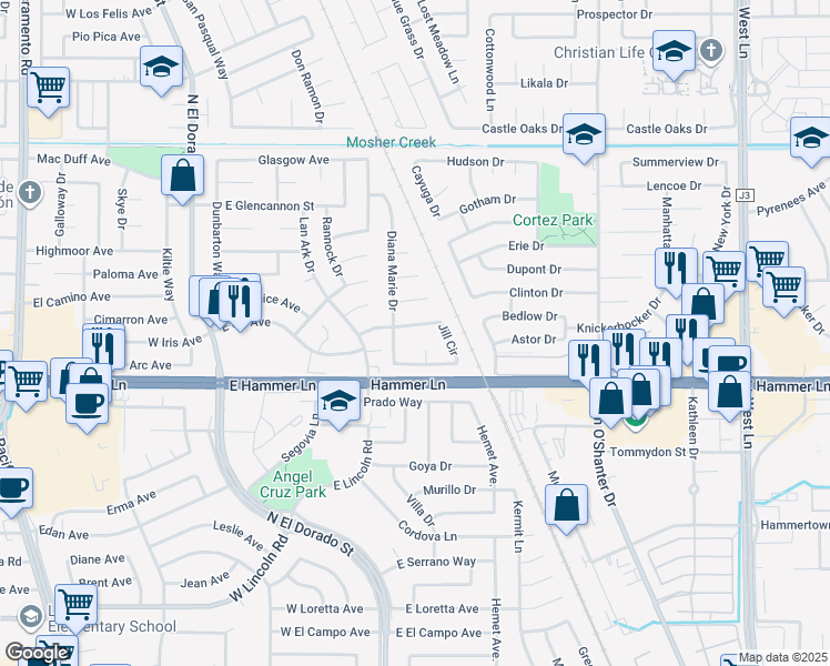 map of restaurants, bars, coffee shops, grocery stores, and more near 7926 Diana Marie Drive in Stockton