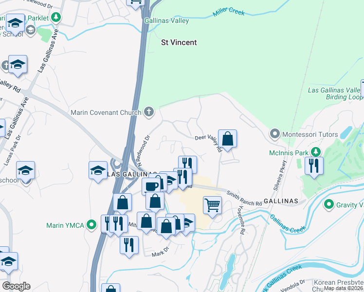 map of restaurants, bars, coffee shops, grocery stores, and more near Cresta Way in San Rafael