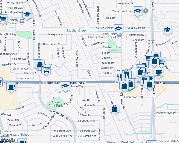 map of restaurants, bars, coffee shops, grocery stores, and more near 401 Jill Circle in Stockton