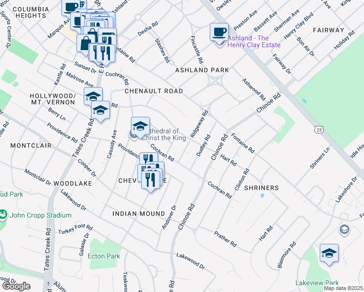 map of restaurants, bars, coffee shops, grocery stores, and more near 424 Ridgeway Road in Lexington