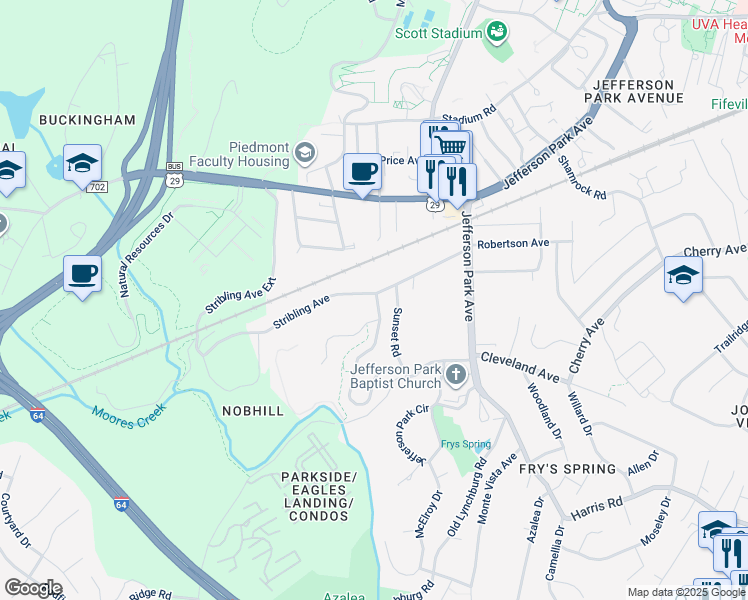 map of restaurants, bars, coffee shops, grocery stores, and more near 200 Stribling Avenue in Charlottesville